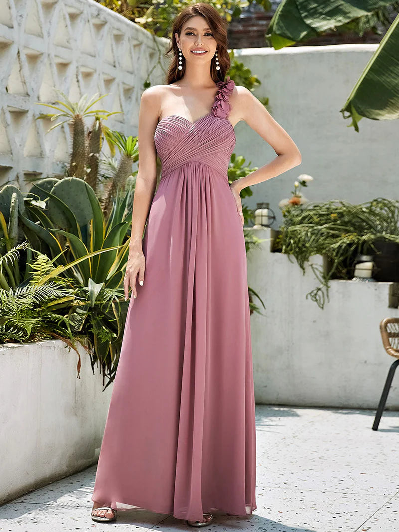 Orchid pink One shoulder ruched top with chiffon skirt bridesmaid dress.